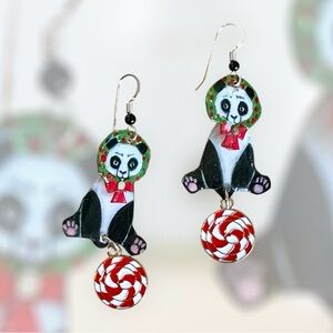 Handpainted Panda Bear earrings Xmas Christmas dangle OOAK lightweight Sterling